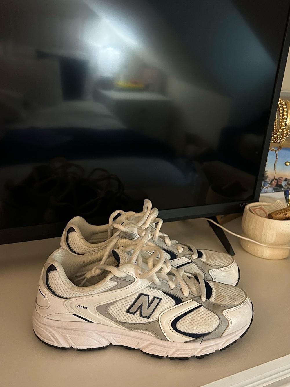 New Balance White & Navy Athletic Sneakers